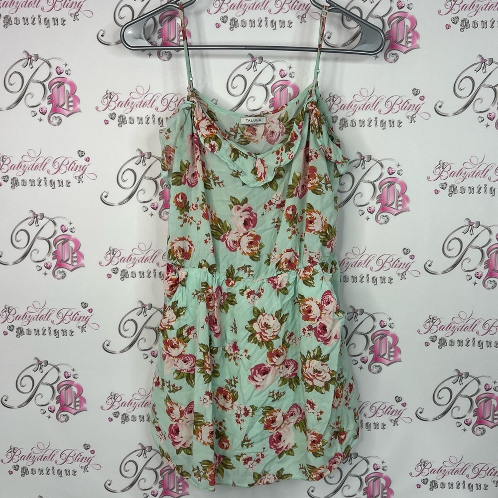 Talula Dress pockets on side blue Mint Green Floral mini dress roses flowers